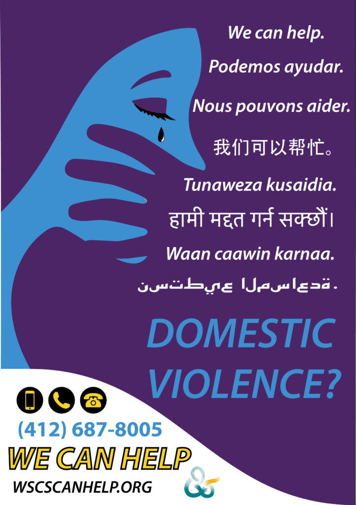 Concept for domestic violence program for Pittsburgh Women's Shelter.  Features stylized crying figure and eight languages